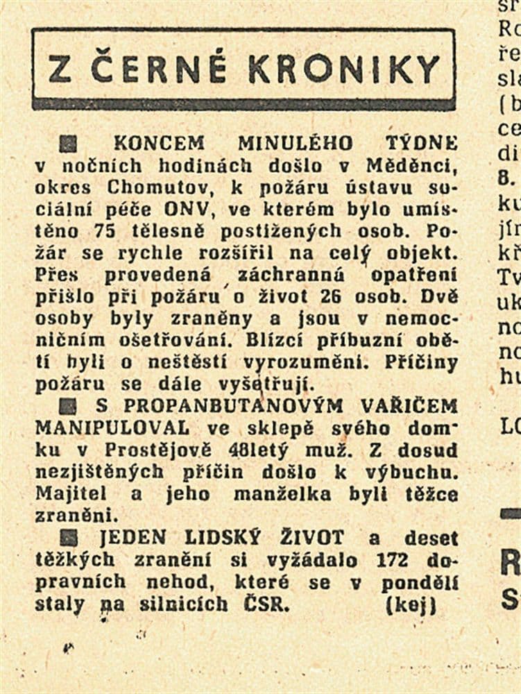 Správa o požiare v miestnych novinách, zdroj: iDNES.cz