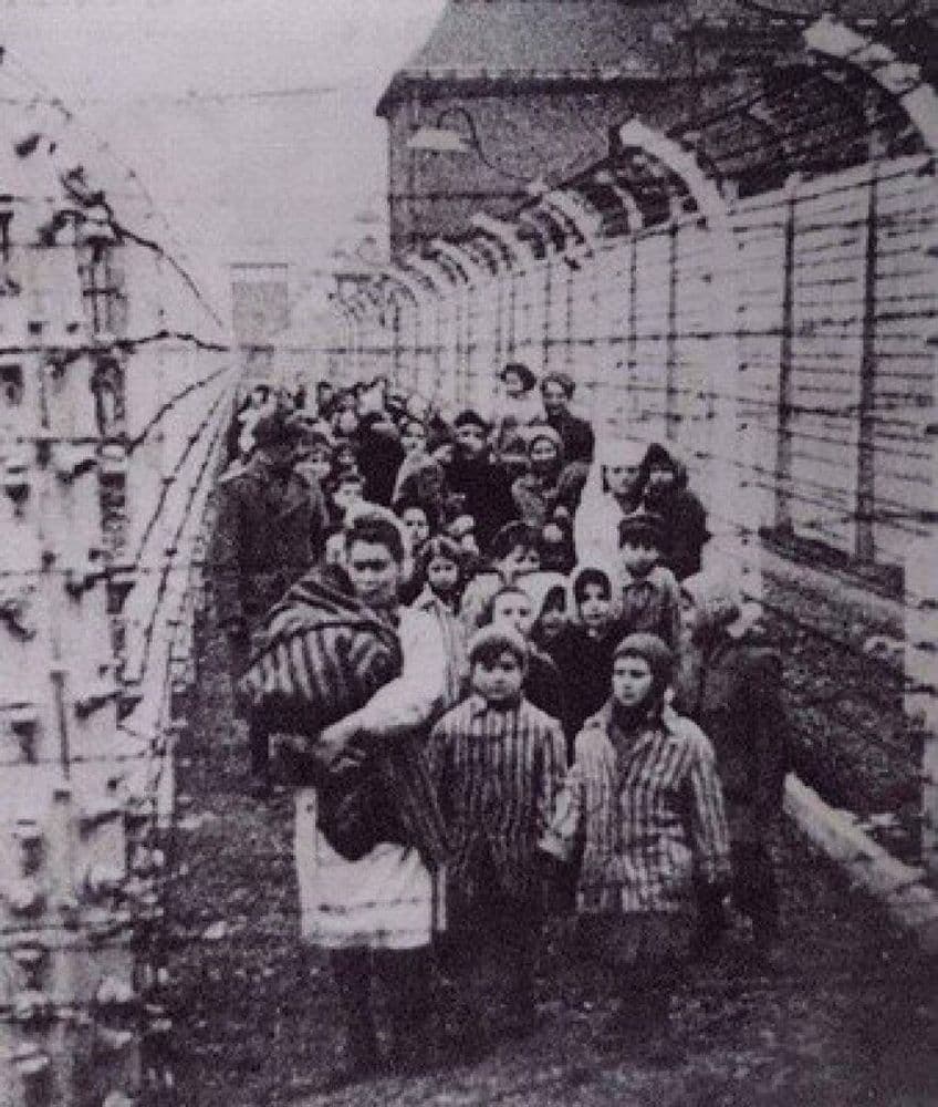 Oslobodenie väzňov z Osvienčimu. Deti vpredu sú Eva a Miriam, zdroj: History and the Holocaust